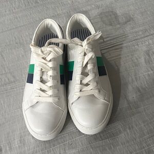 J Crew women’s White Sneakers with Green and Blue Stripes